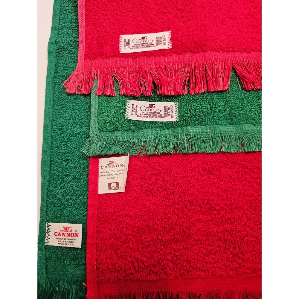 Vintage Cannon‎ Christmas Fringe Towel Set Embroidered Angel Tree Bear Red Green